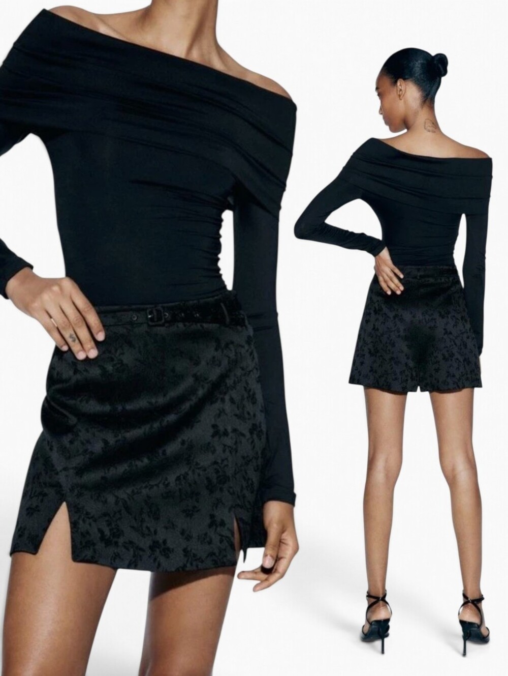 Zara Black Jacquard Belted Skort Mini Skirt Shorts Floral S NWT